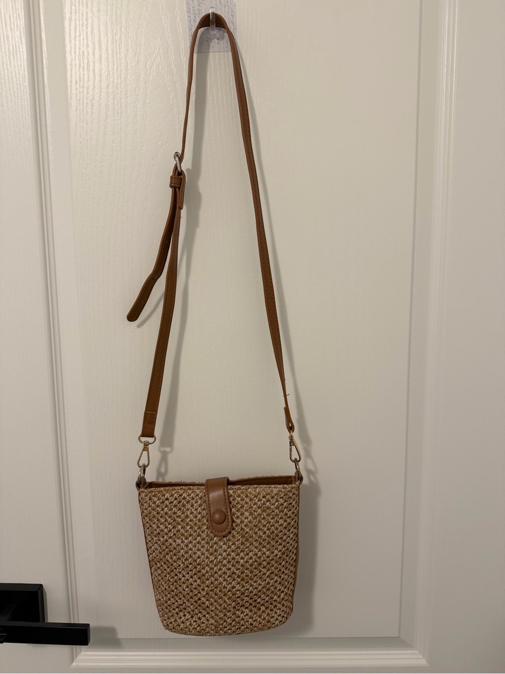 Woven Straw Crossbody Bag with Brown Leather Trim